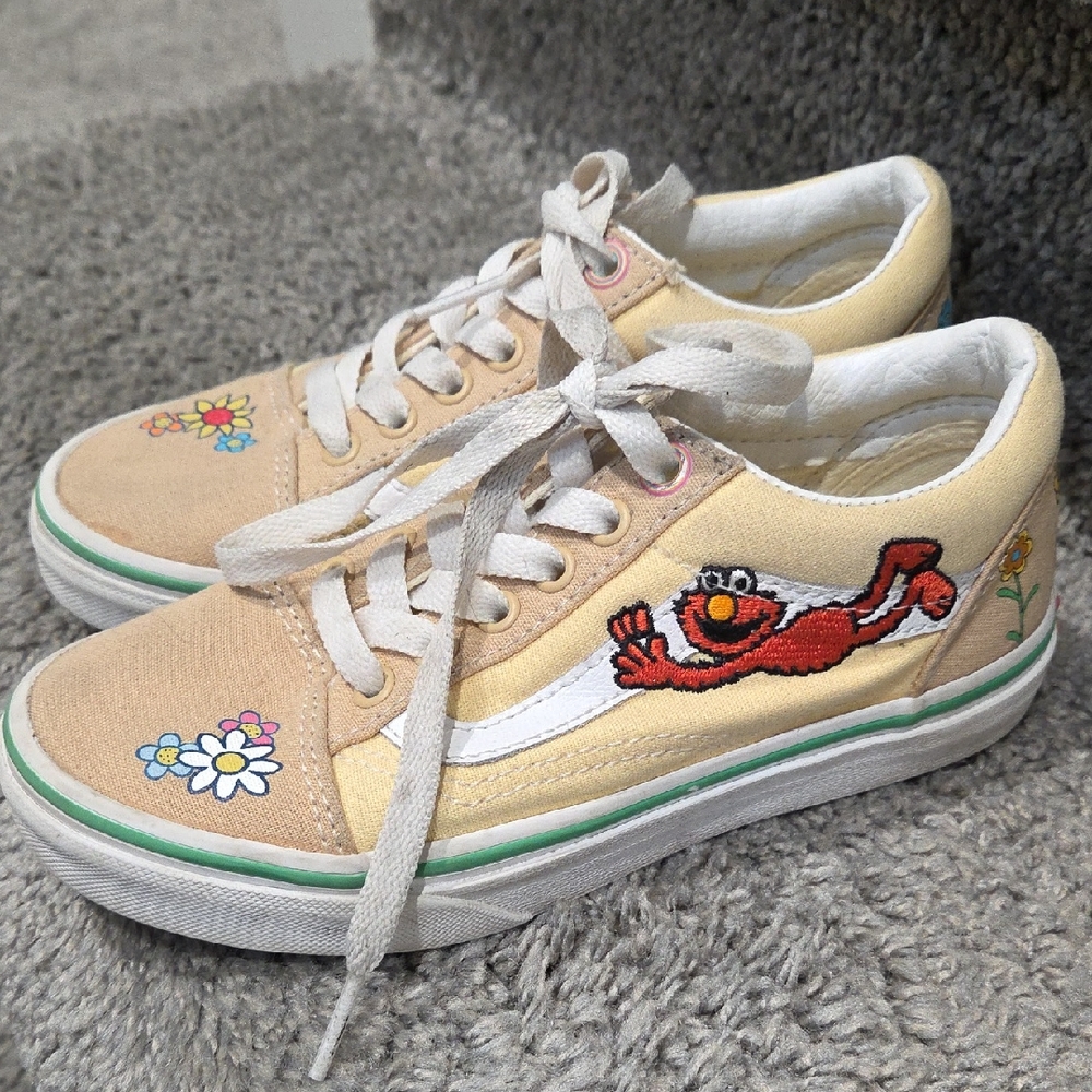 Vans Kids Tan Sneakers with Cartoon and Floral Design